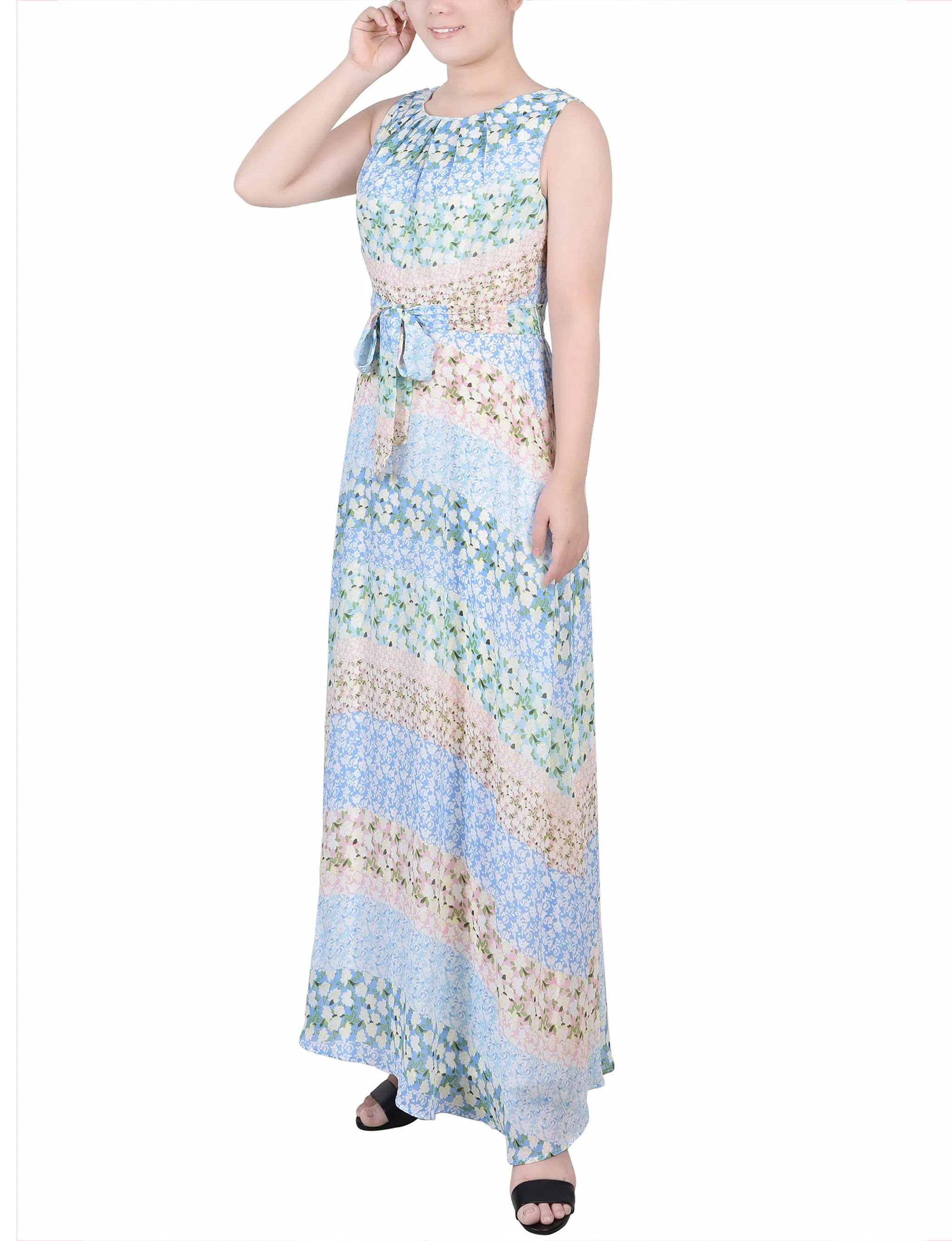 Petite Sleeveless Belted Chiffon Maxi Dress