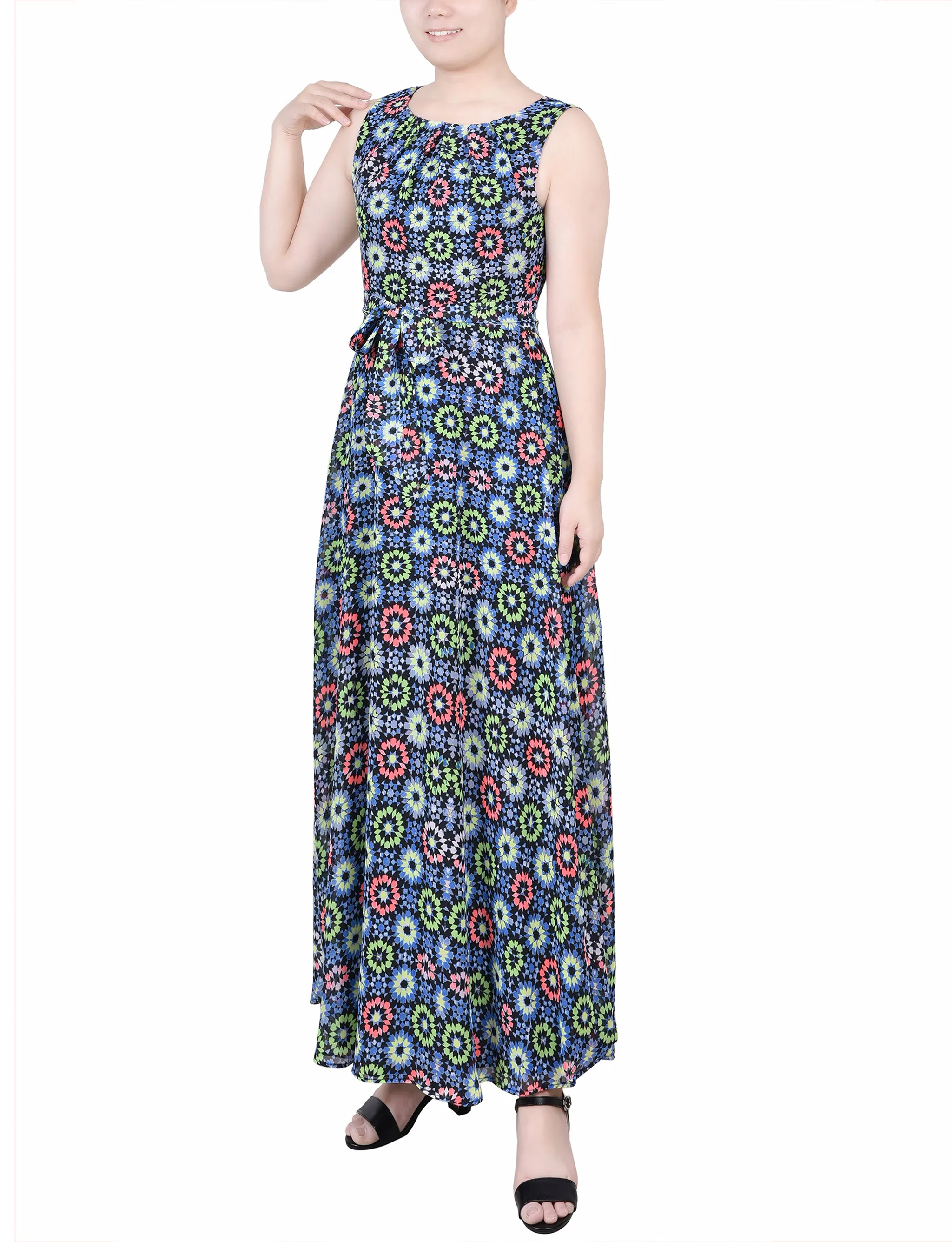 Petite Sleeveless Belted Chiffon Maxi Dress