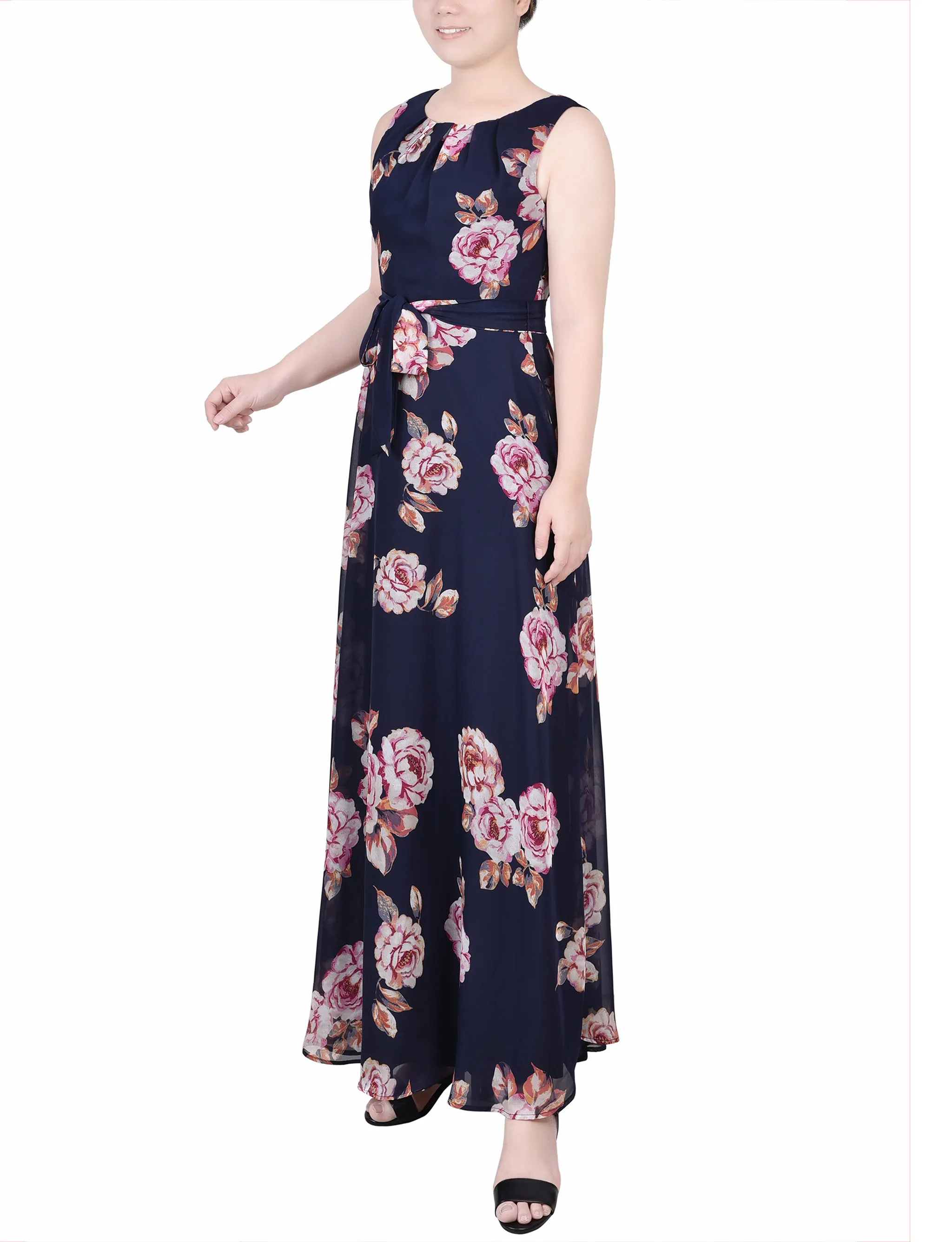 Petite Sleeveless Belted Chiffon Maxi Dress