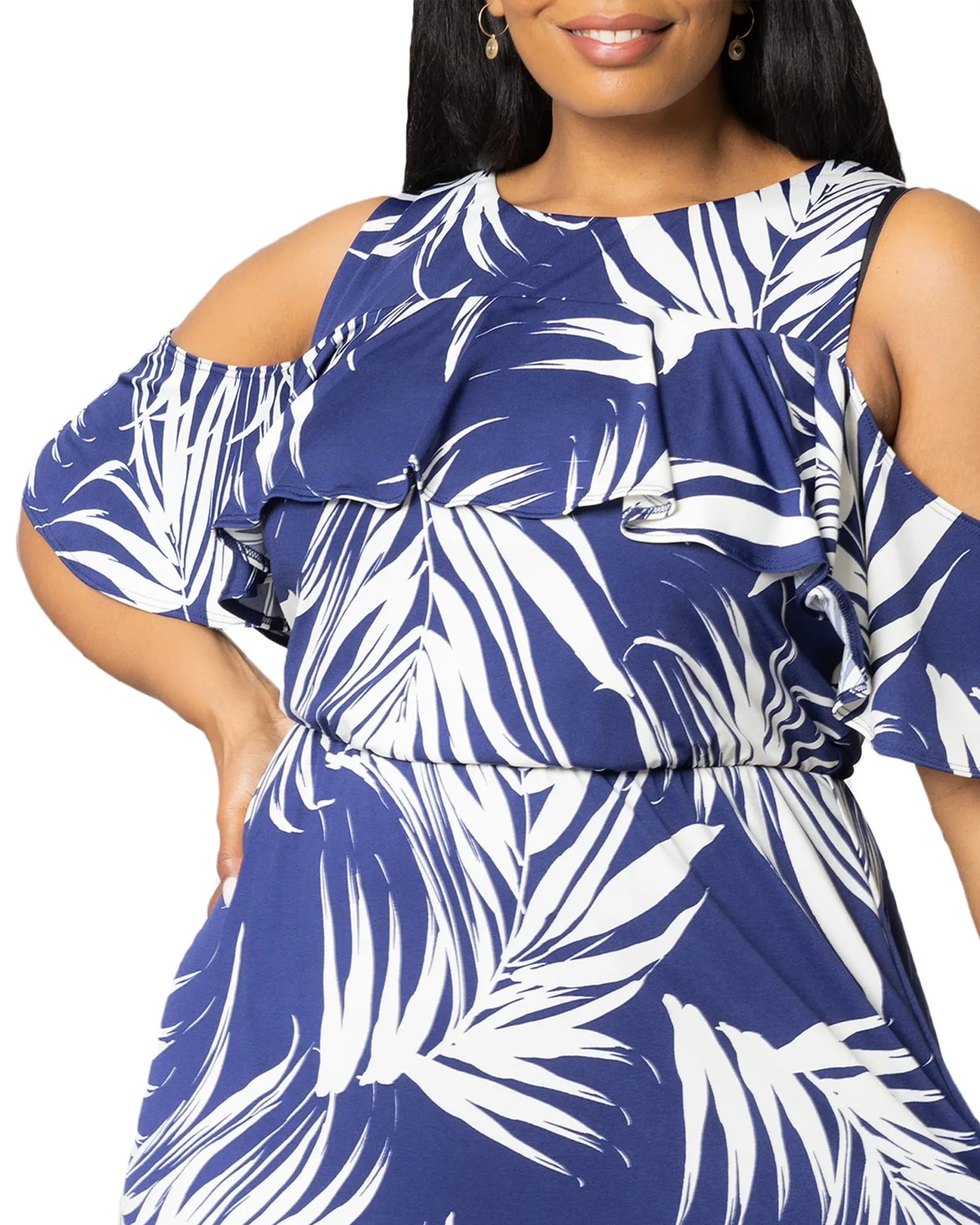 Piper Cold Shoulder Maxi Dress | NAVY PALM PRINT