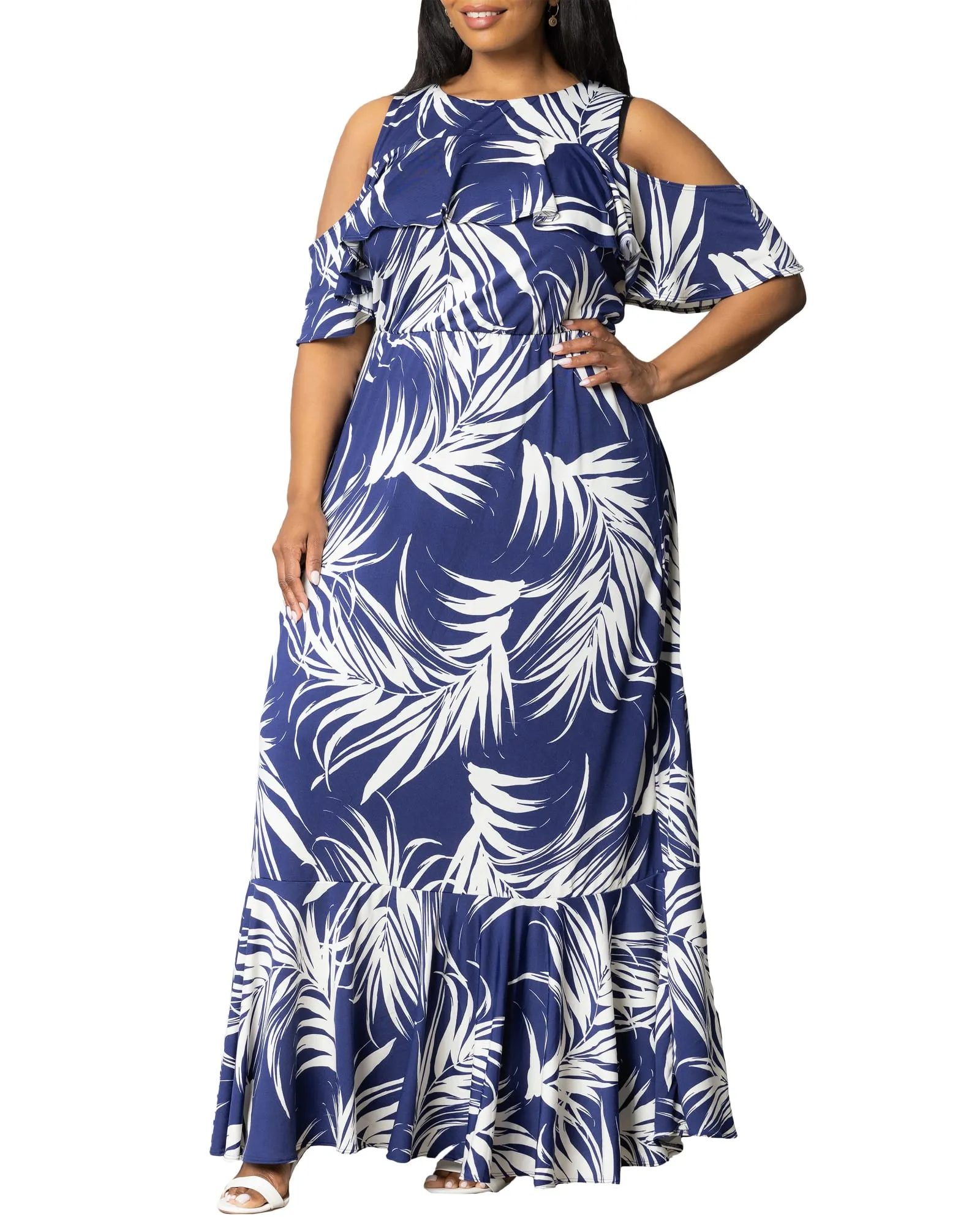 Piper Cold Shoulder Maxi Dress | NAVY PALM PRINT