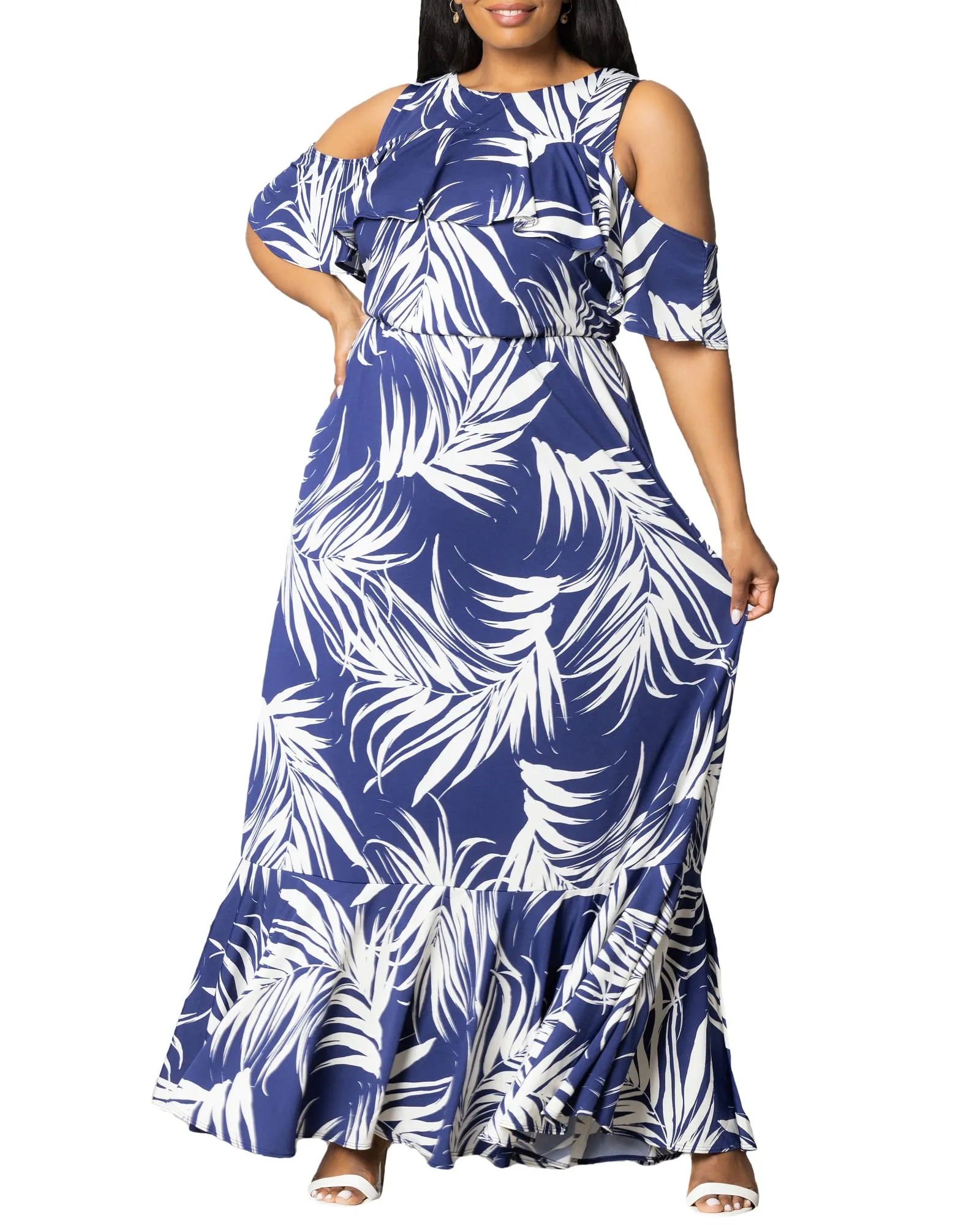 Piper Cold Shoulder Maxi Dress | NAVY PALM PRINT