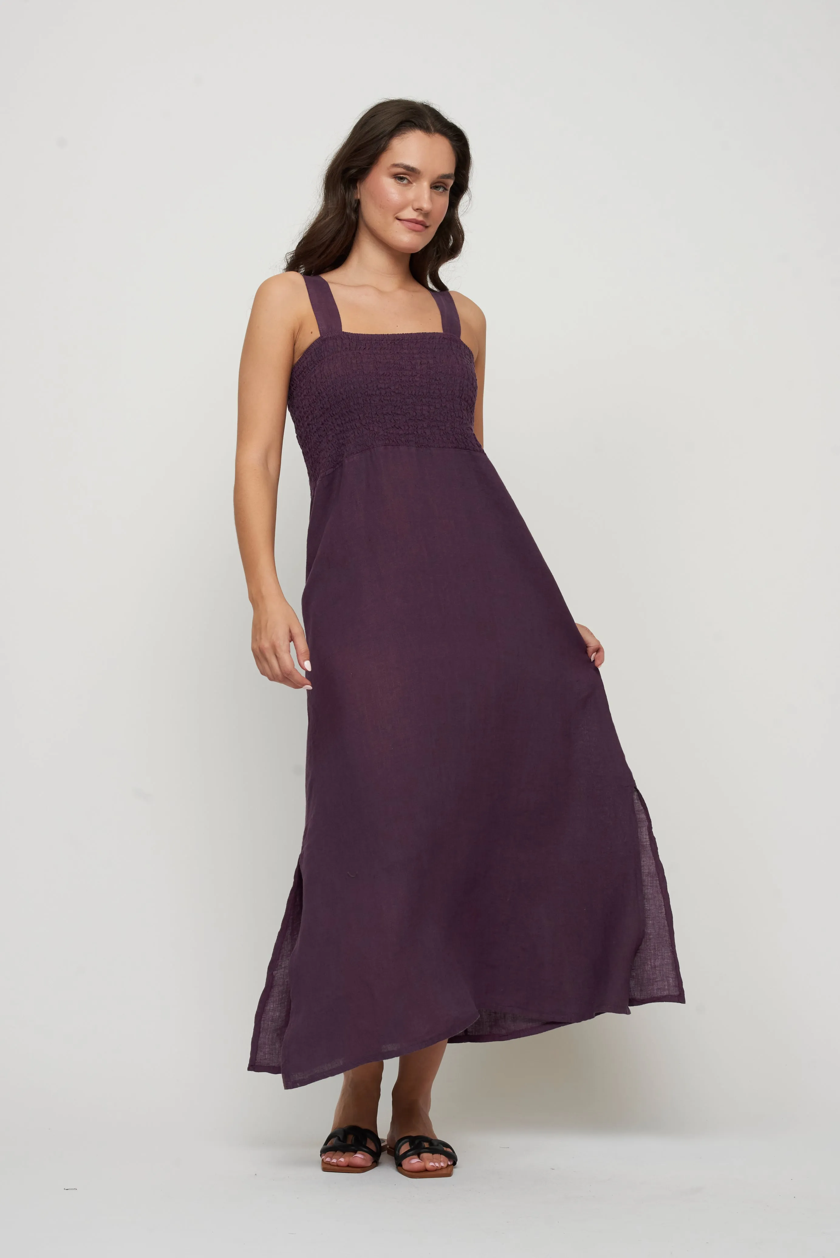 Pistache - Maxi Linen Bunched Top Sleeveless Dress - Deep violet