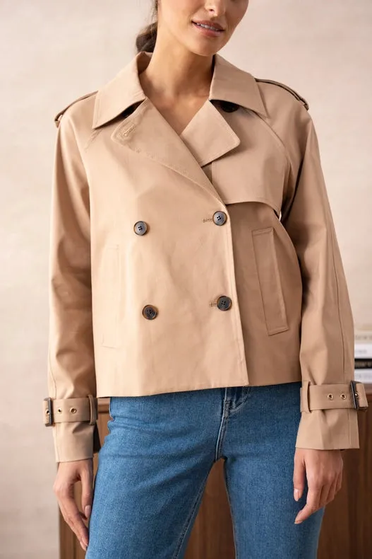 Plain Cropped Cotton Trench Coat Beige