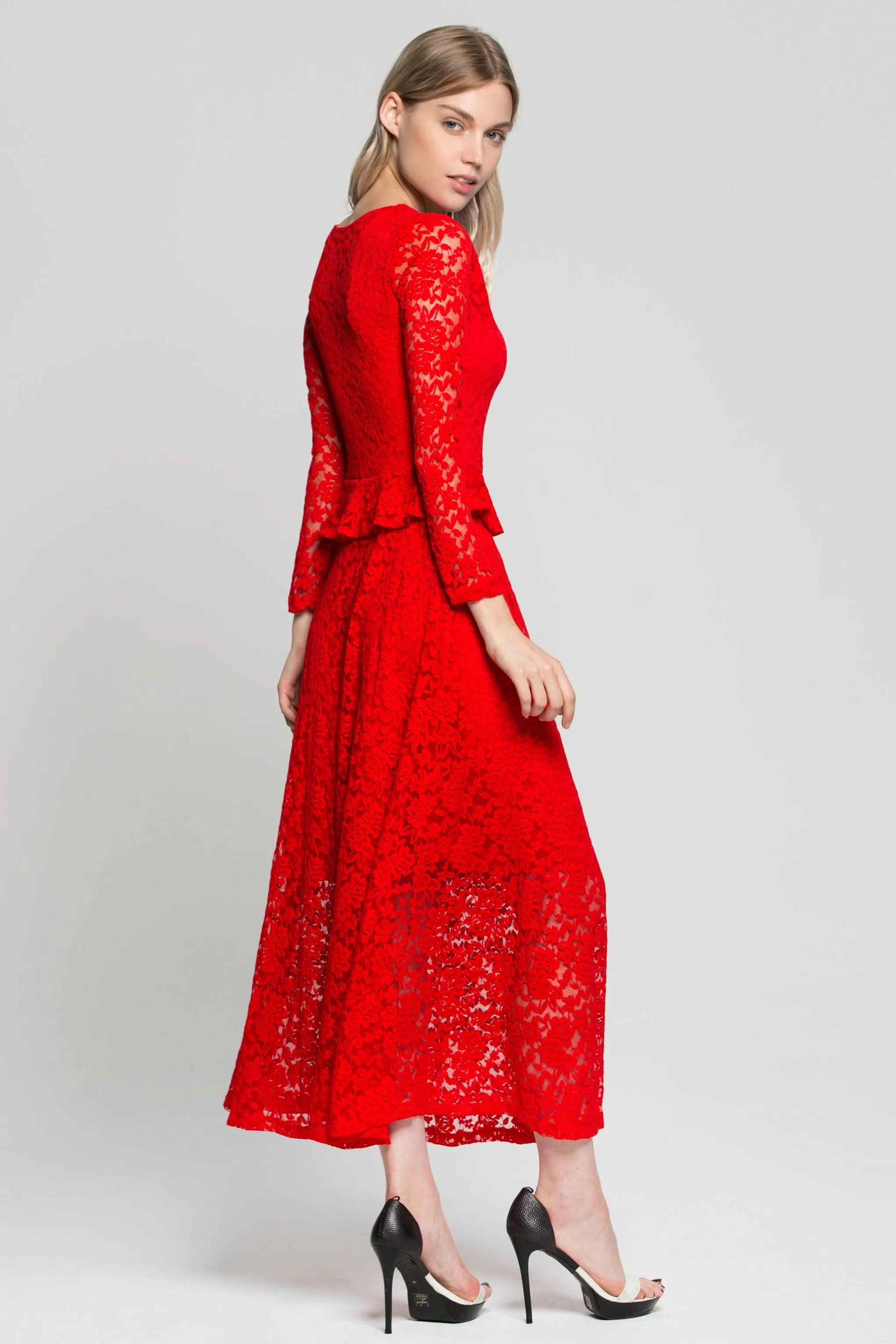 Red Floral Lace Peplum Maxi Dress