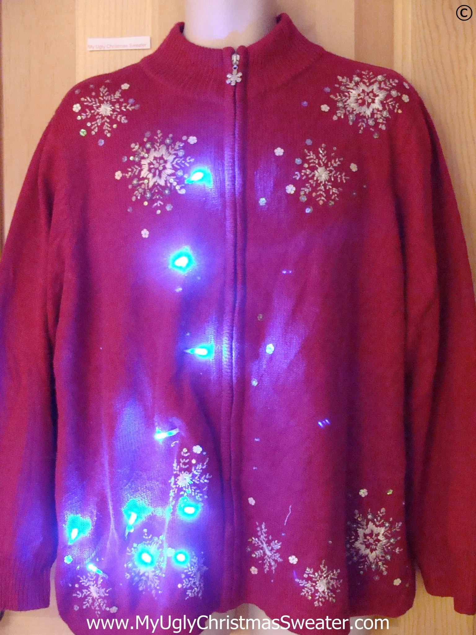 Red Funny Christmas Sweater with Lights Snowflakes