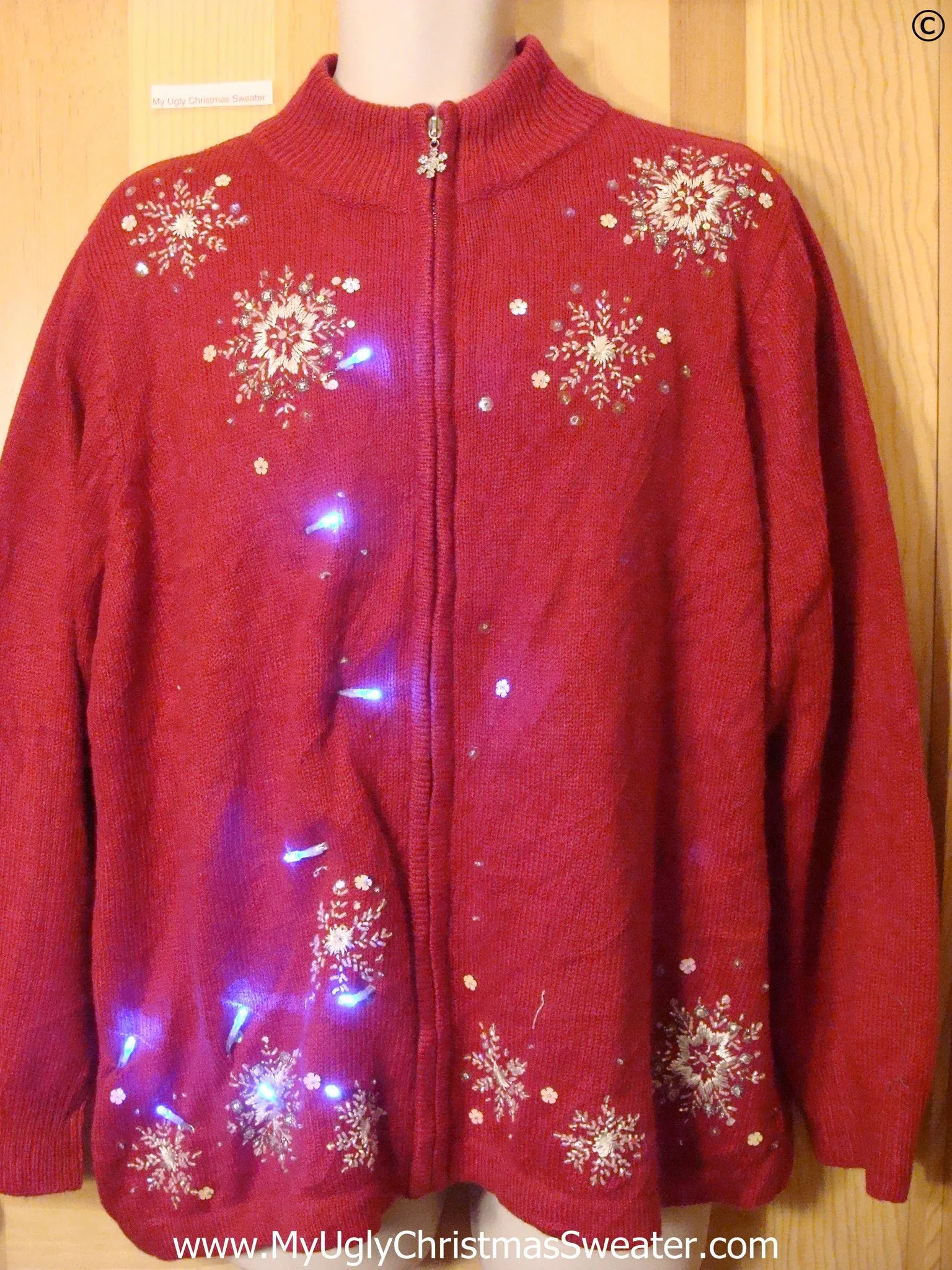 Red Funny Christmas Sweater with Lights Snowflakes