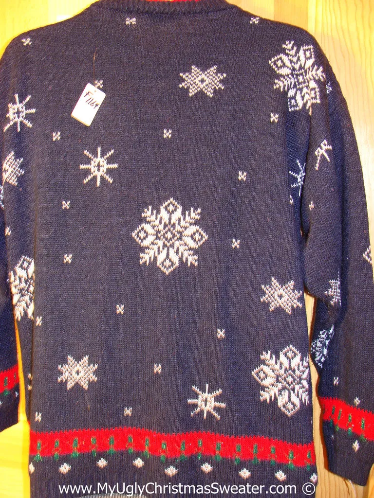 Retro 80s Classic Tacky Cheesy Holiday Sweater with Bear and Wreath and Snowflakes on Frond and Back (f1164)