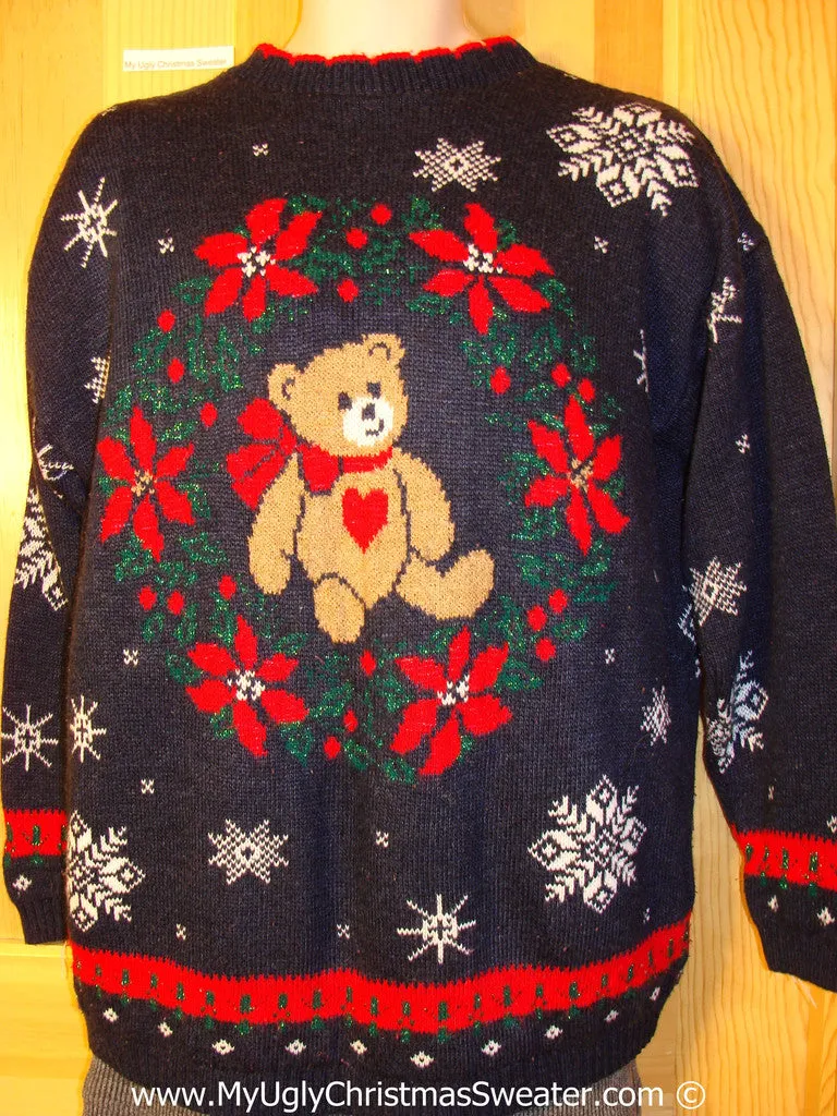 Retro 80s Classic Tacky Cheesy Holiday Sweater with Bear and Wreath and Snowflakes on Frond and Back (f1164)