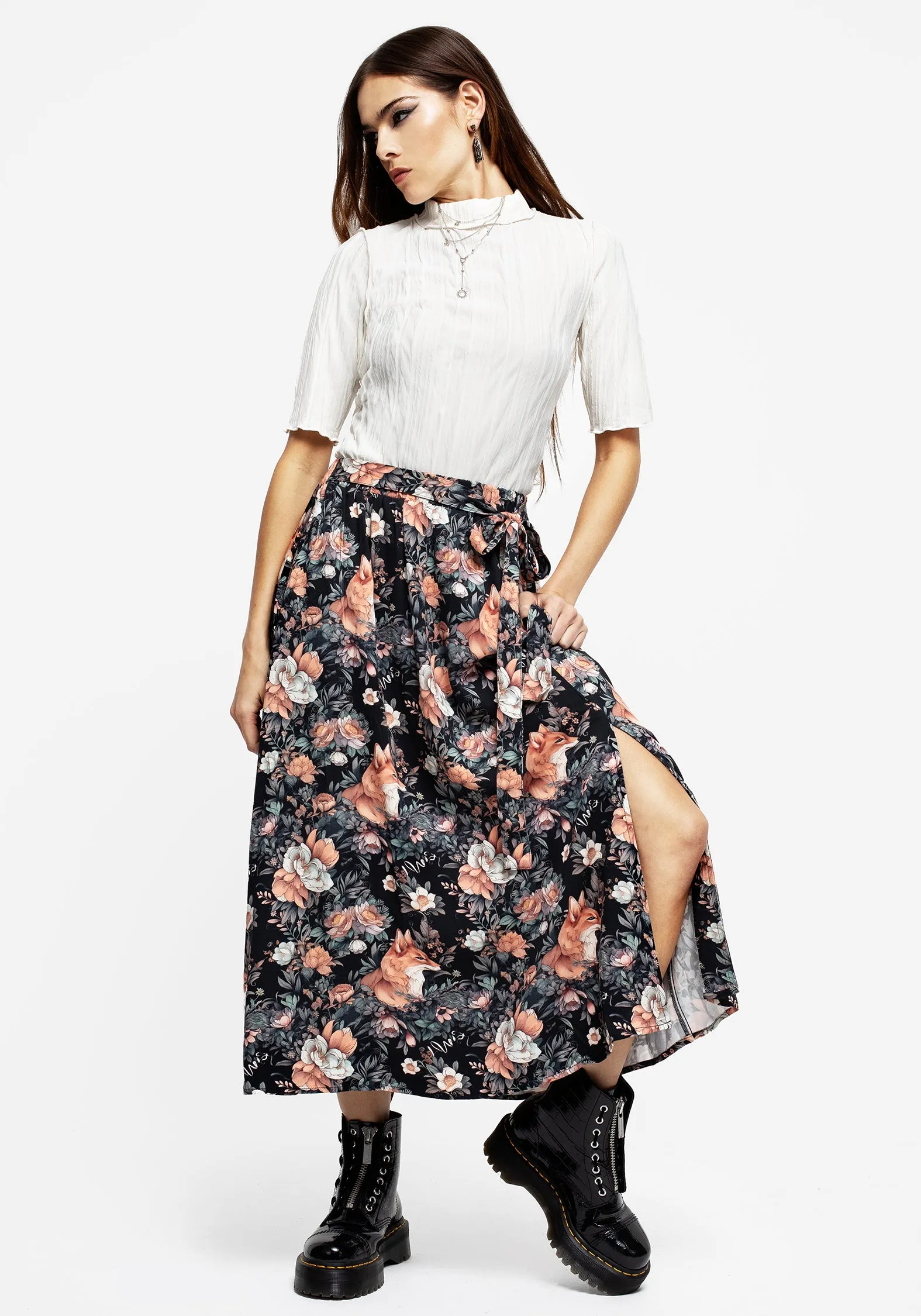 Reynard Fox Floral Print Midi Skirt