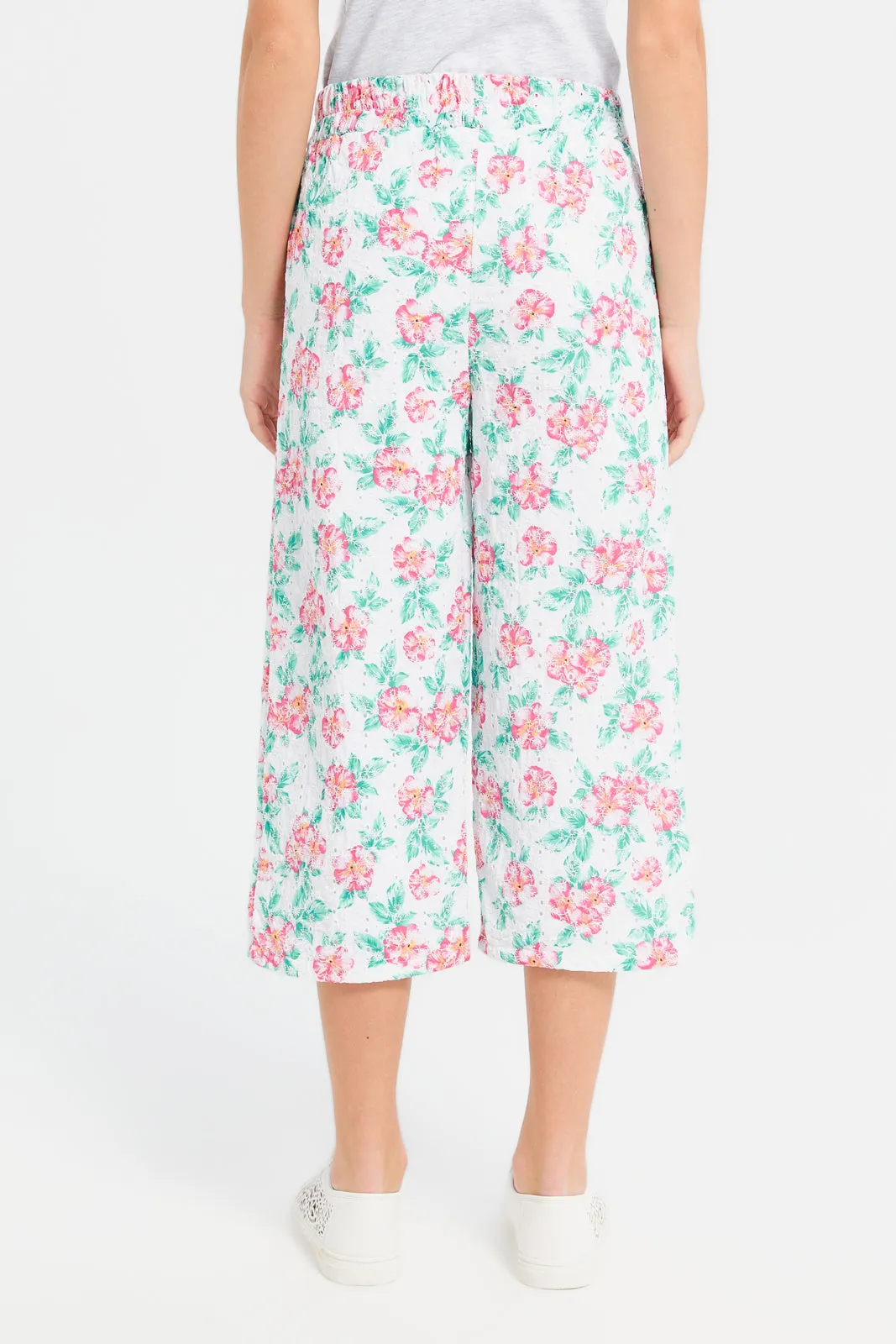 Senior girls White Floral Print Culotte Pants