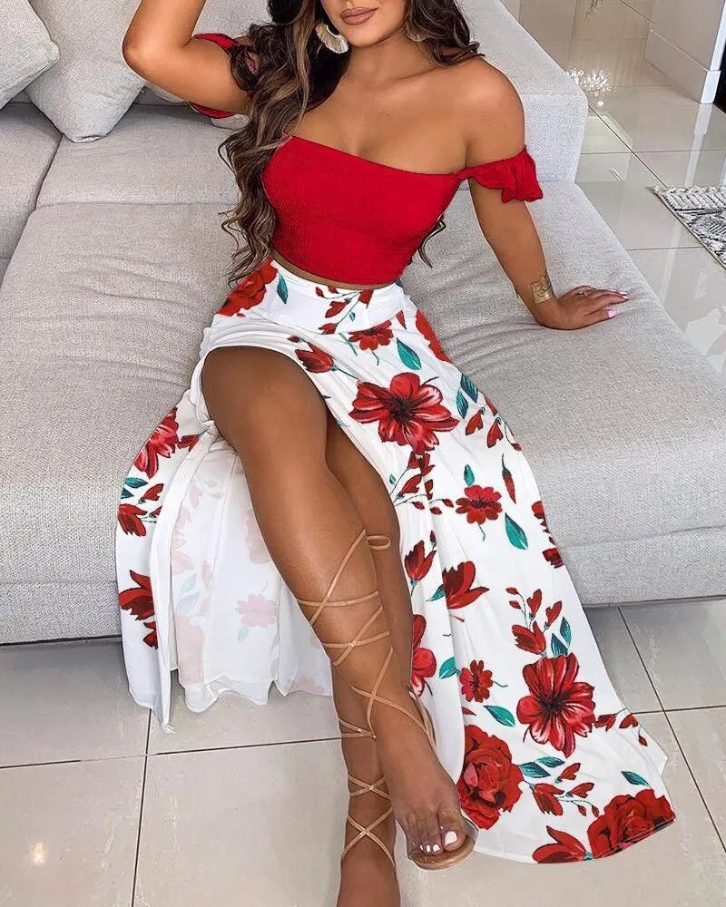 Sexy Off The Shoulder Split Front Two Pieces Dresses