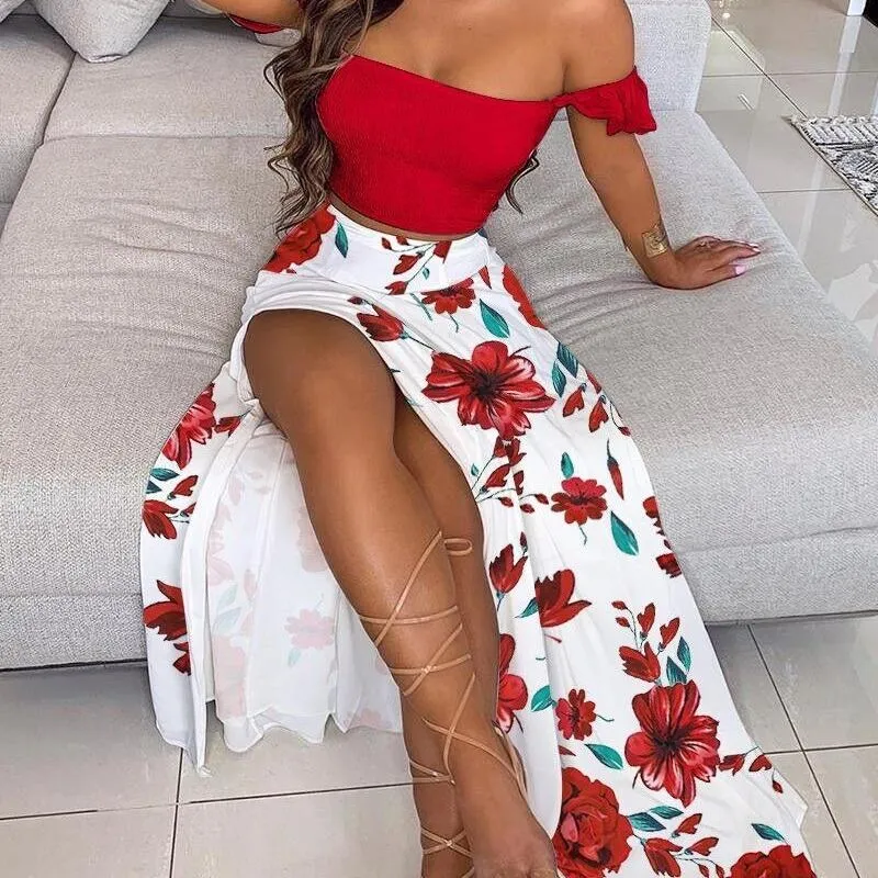 Sexy Off The Shoulder Split Front Two Pieces Dresses