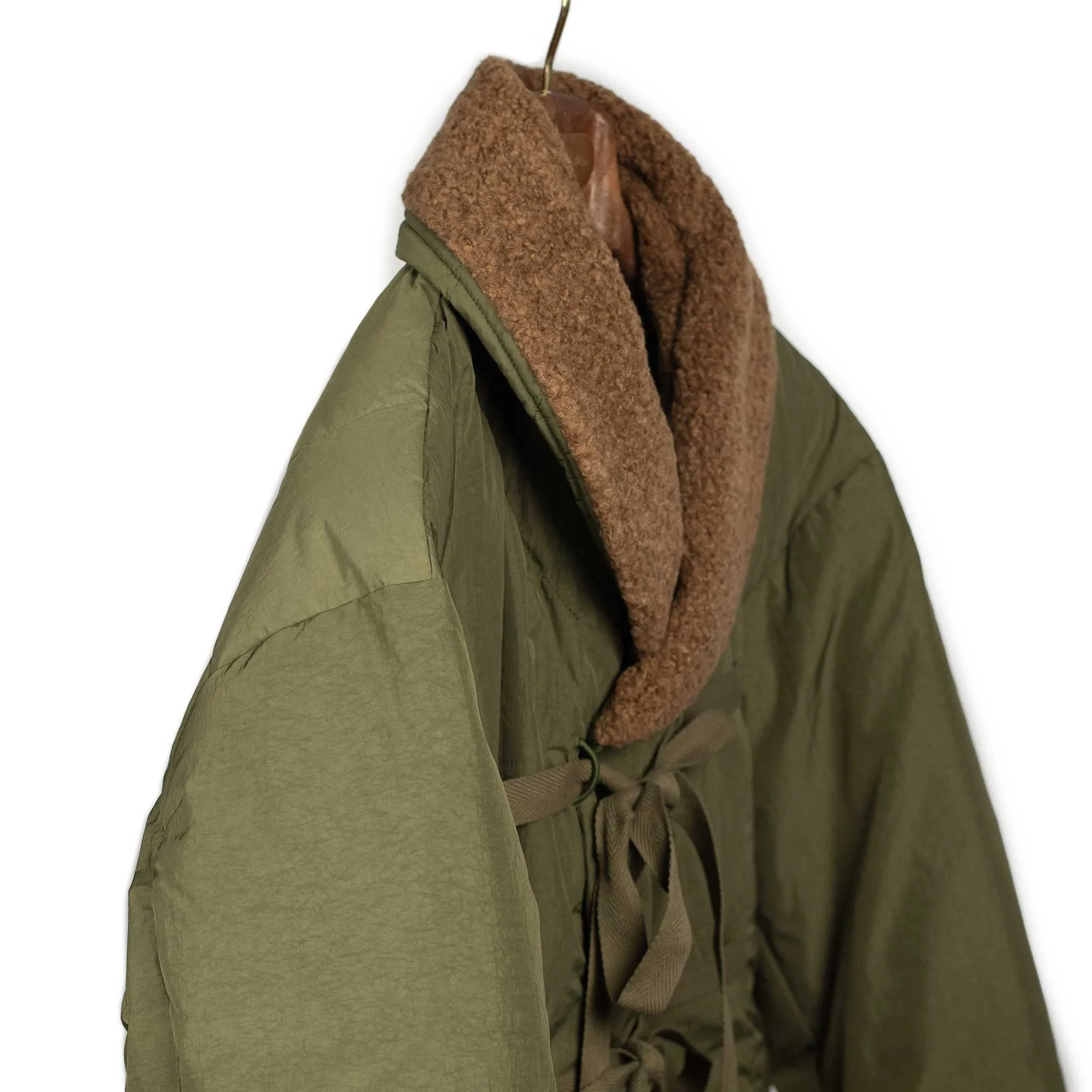 Shawl collar down-filled coat in olive nylon