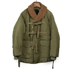 Shawl collar down-filled coat in olive nylon