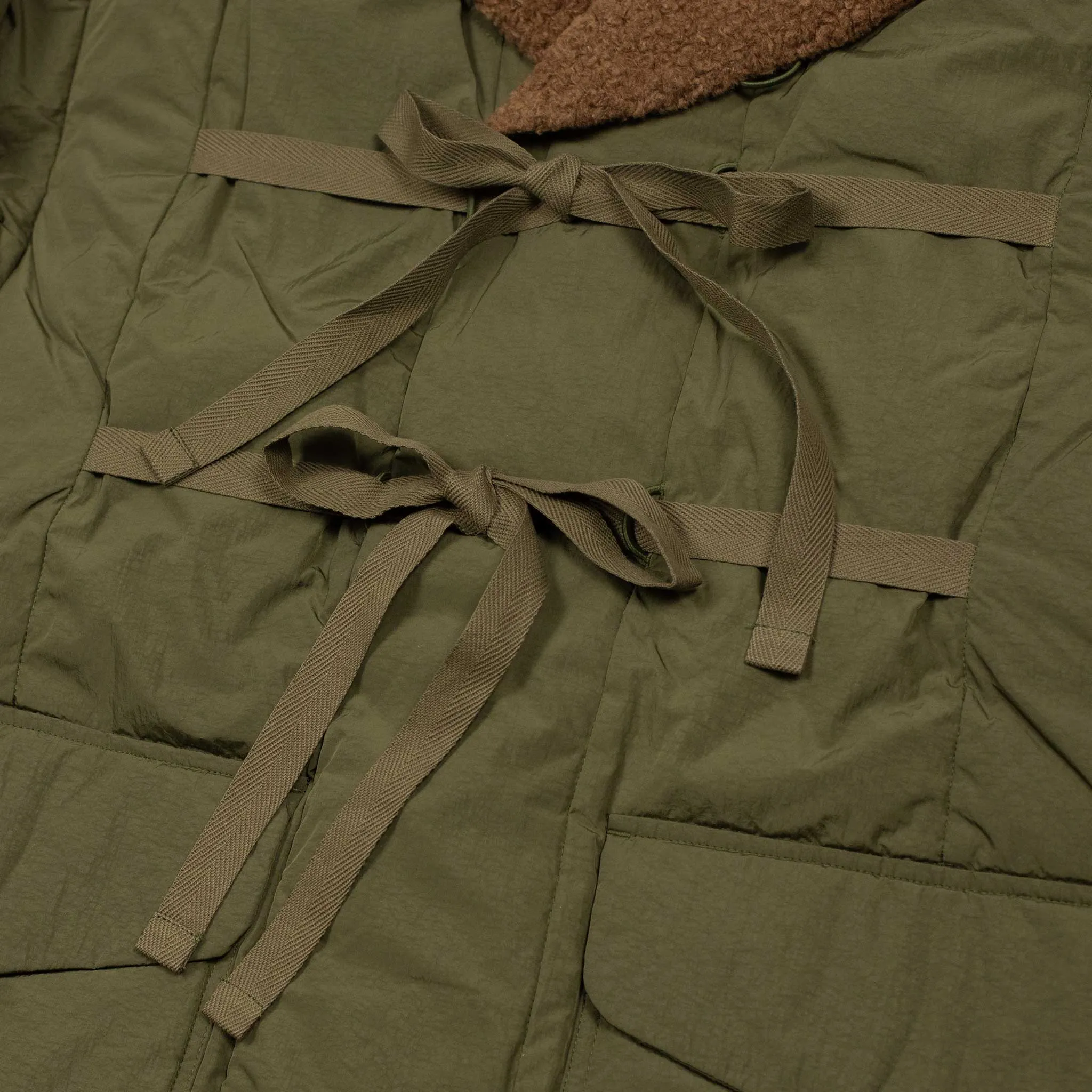 Shawl collar down-filled coat in olive nylon