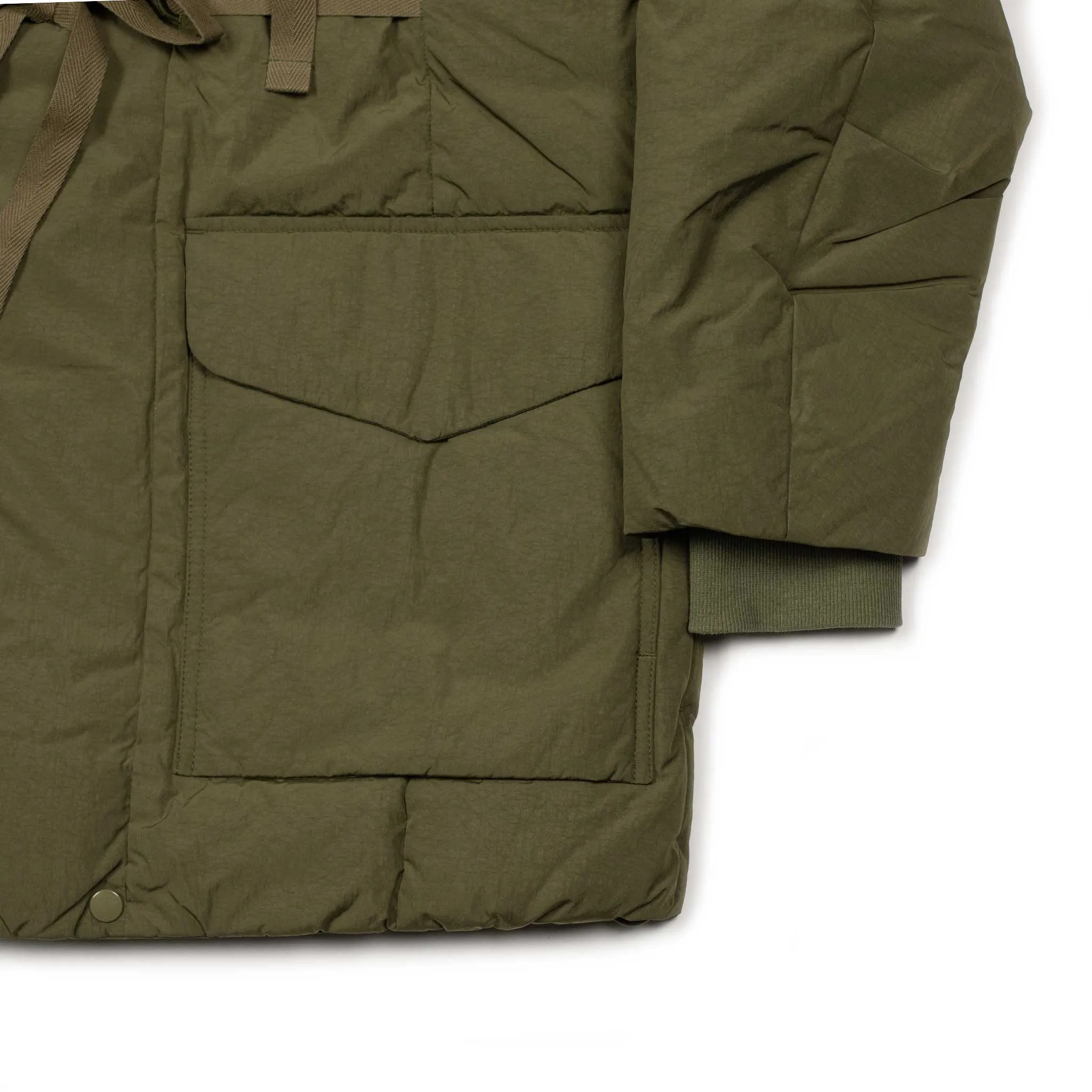 Shawl collar down-filled coat in olive nylon