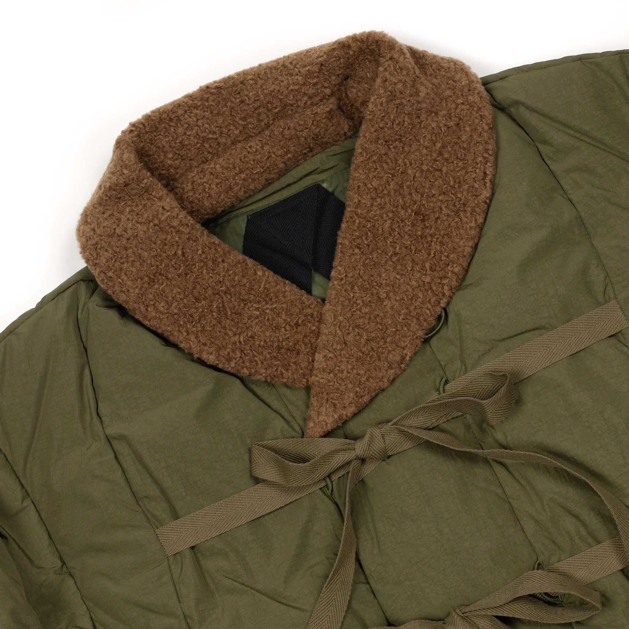 Shawl collar down-filled coat in olive nylon