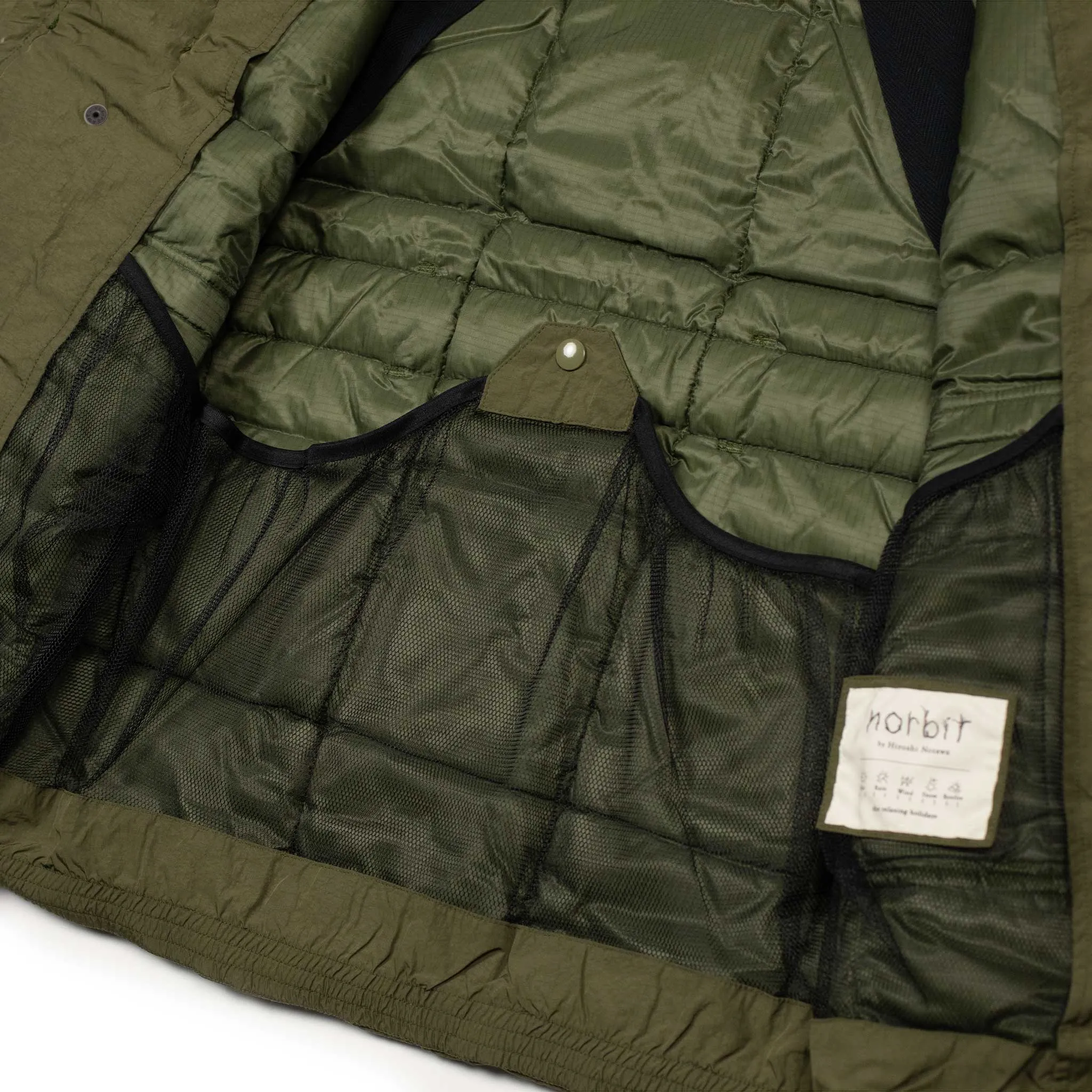 Shawl collar down-filled coat in olive nylon