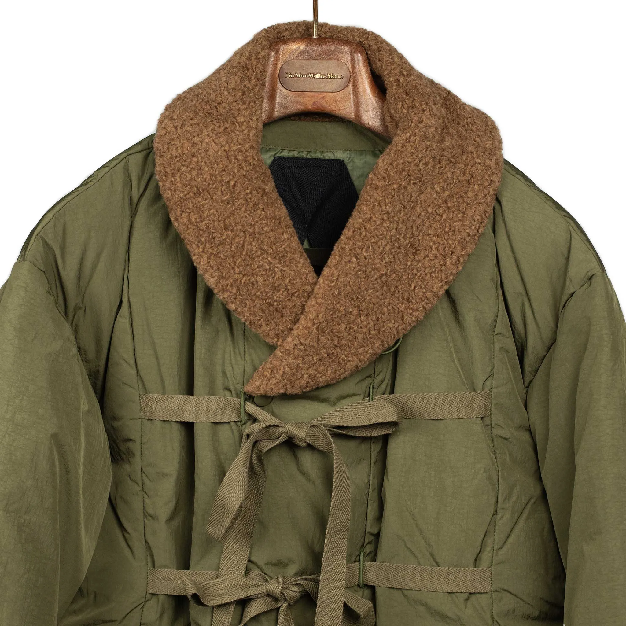 Shawl collar down-filled coat in olive nylon