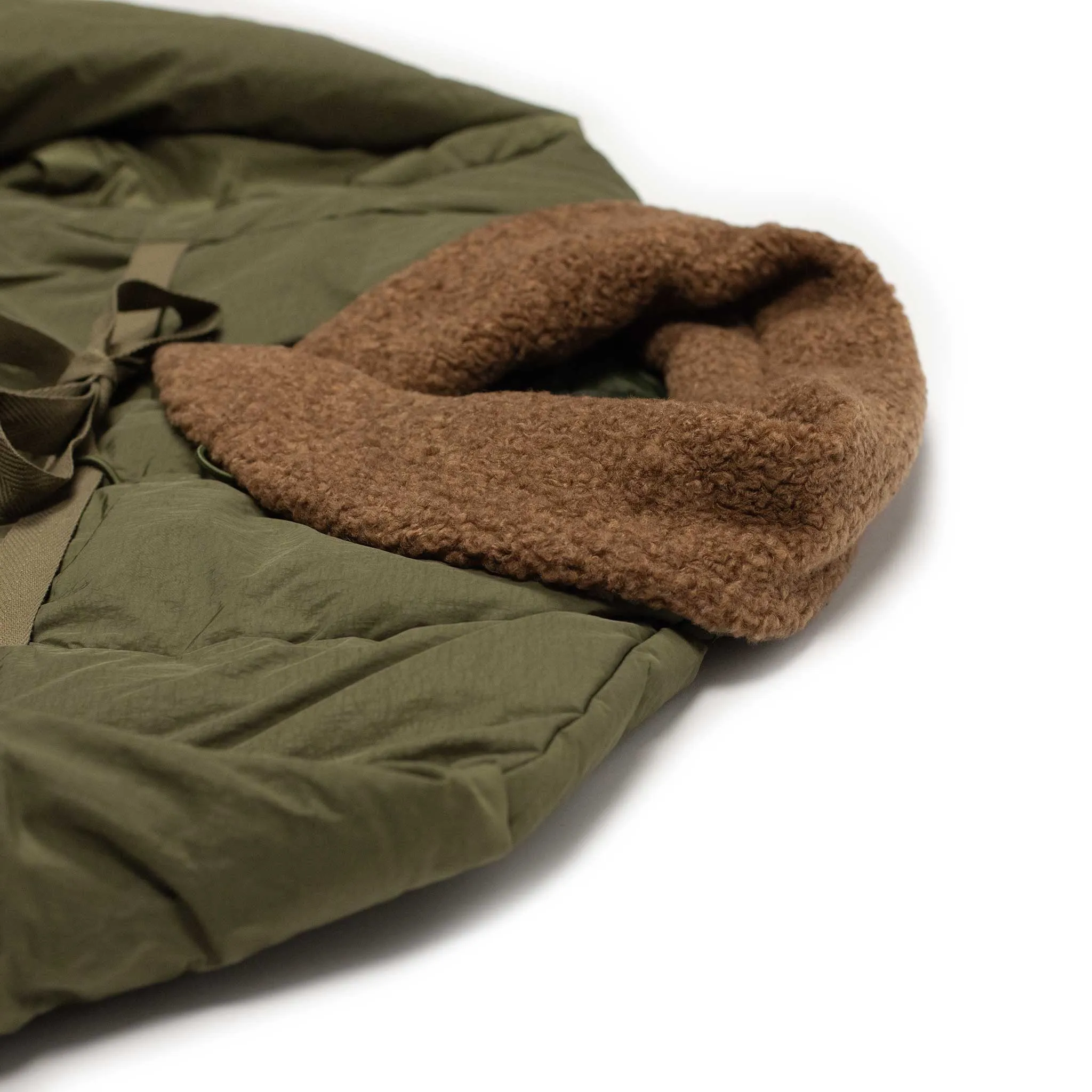 Shawl collar down-filled coat in olive nylon