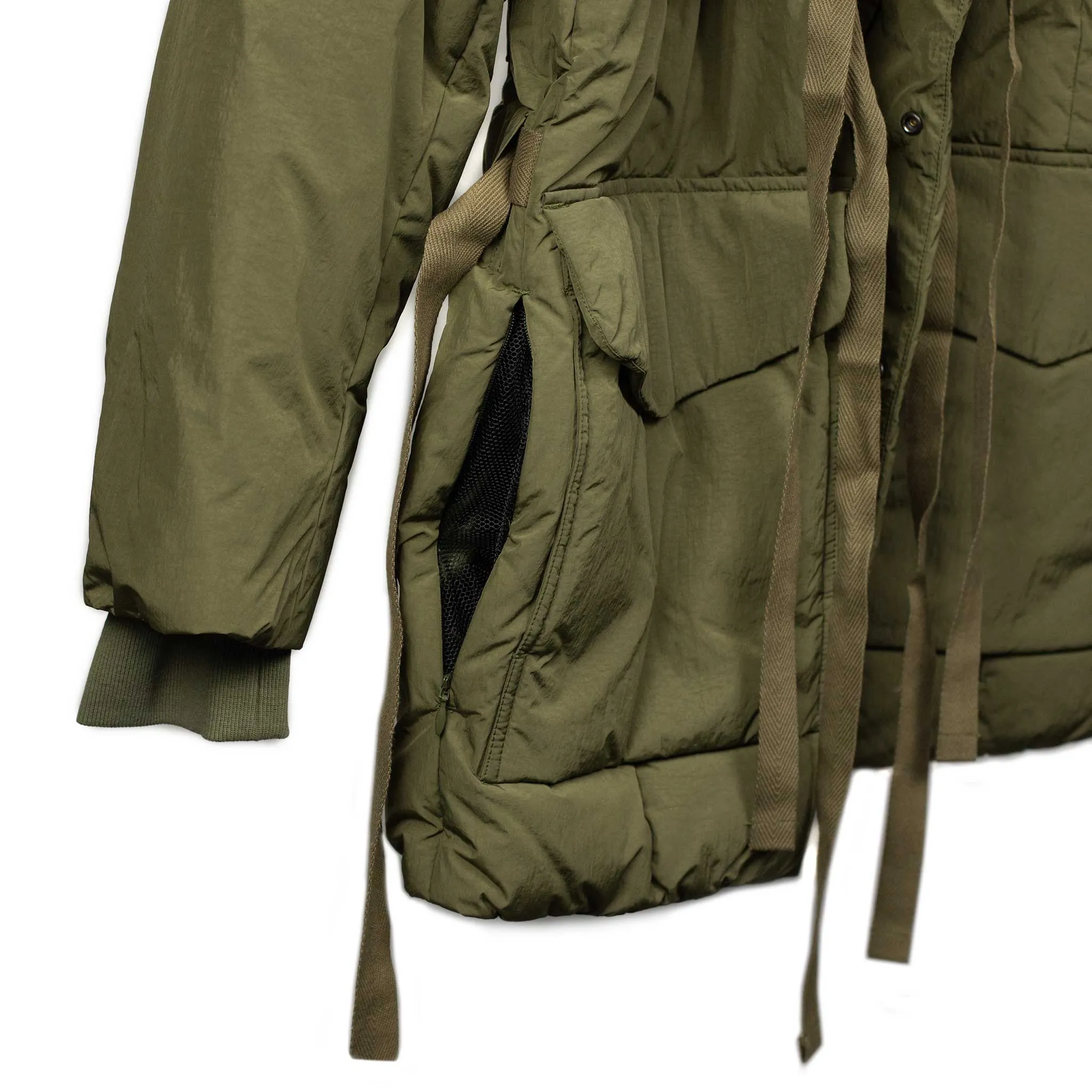 Shawl collar down-filled coat in olive nylon