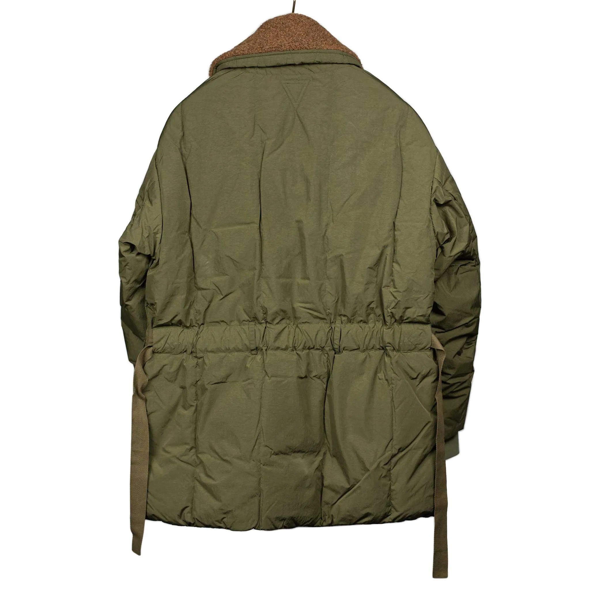 Shawl collar down-filled coat in olive nylon