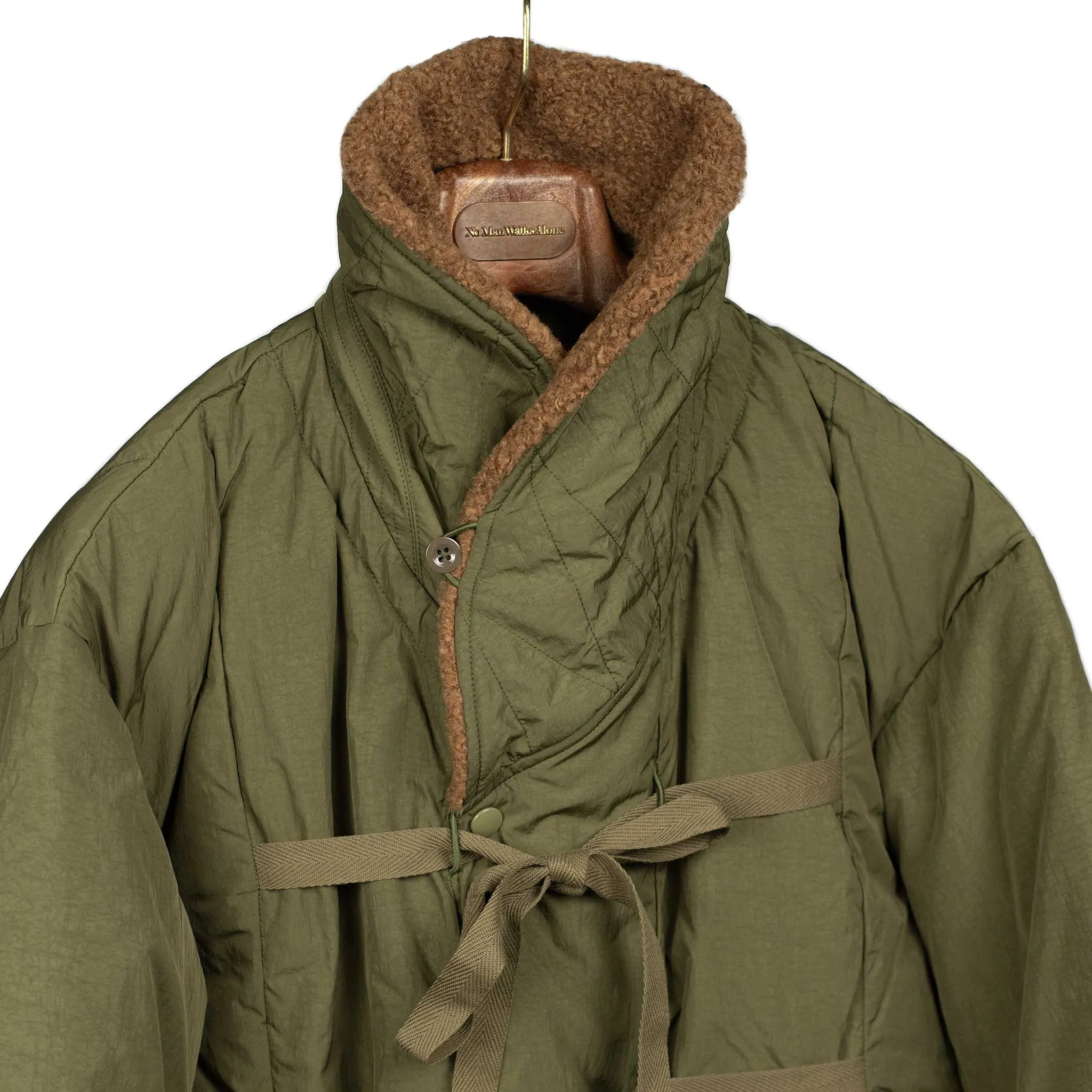 Shawl collar down-filled coat in olive nylon