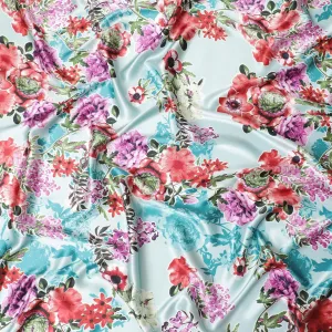 Sky blue pure silk satin fabric with multicolor print in floral design-D11037