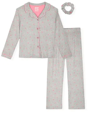 Sleep On It Girls 2-Piece Button-Front Coat Pajama Set with Scrunchie - Hacci Hearts