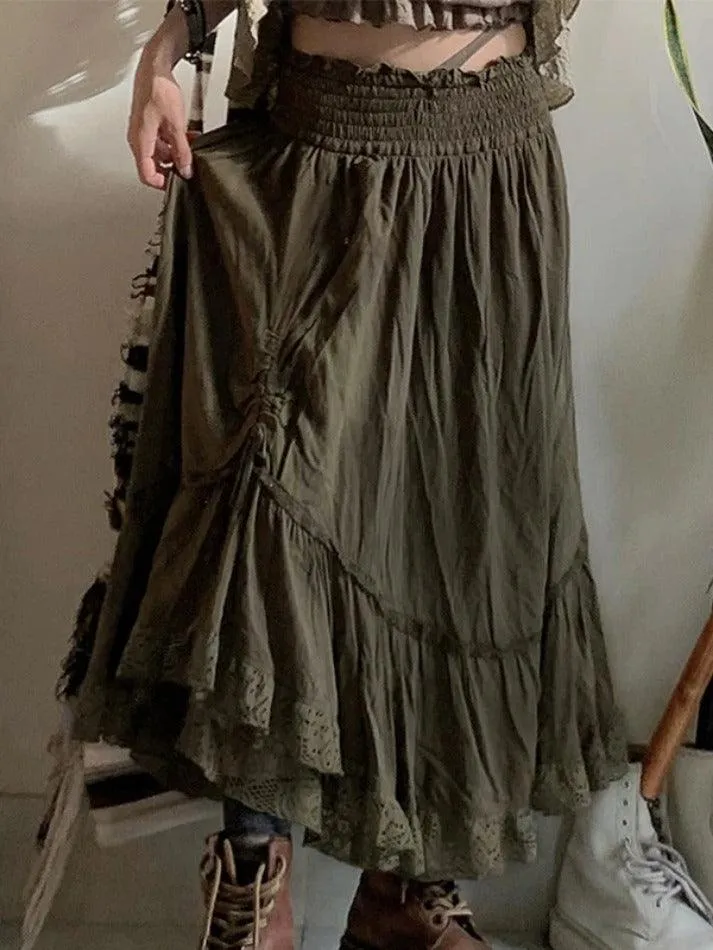 Smocked Ruched Asymmetric Hem High Waist Maxi Skirt