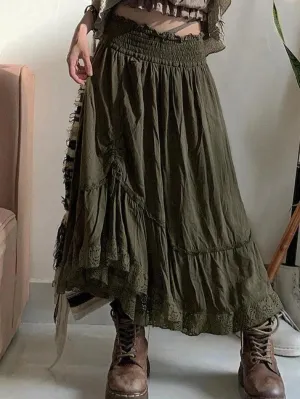 Smocked Ruched Asymmetric Hem High Waist Maxi Skirt