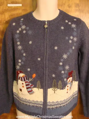 Snow Falling Around Snowmen Tacky Xmas Party Sweater