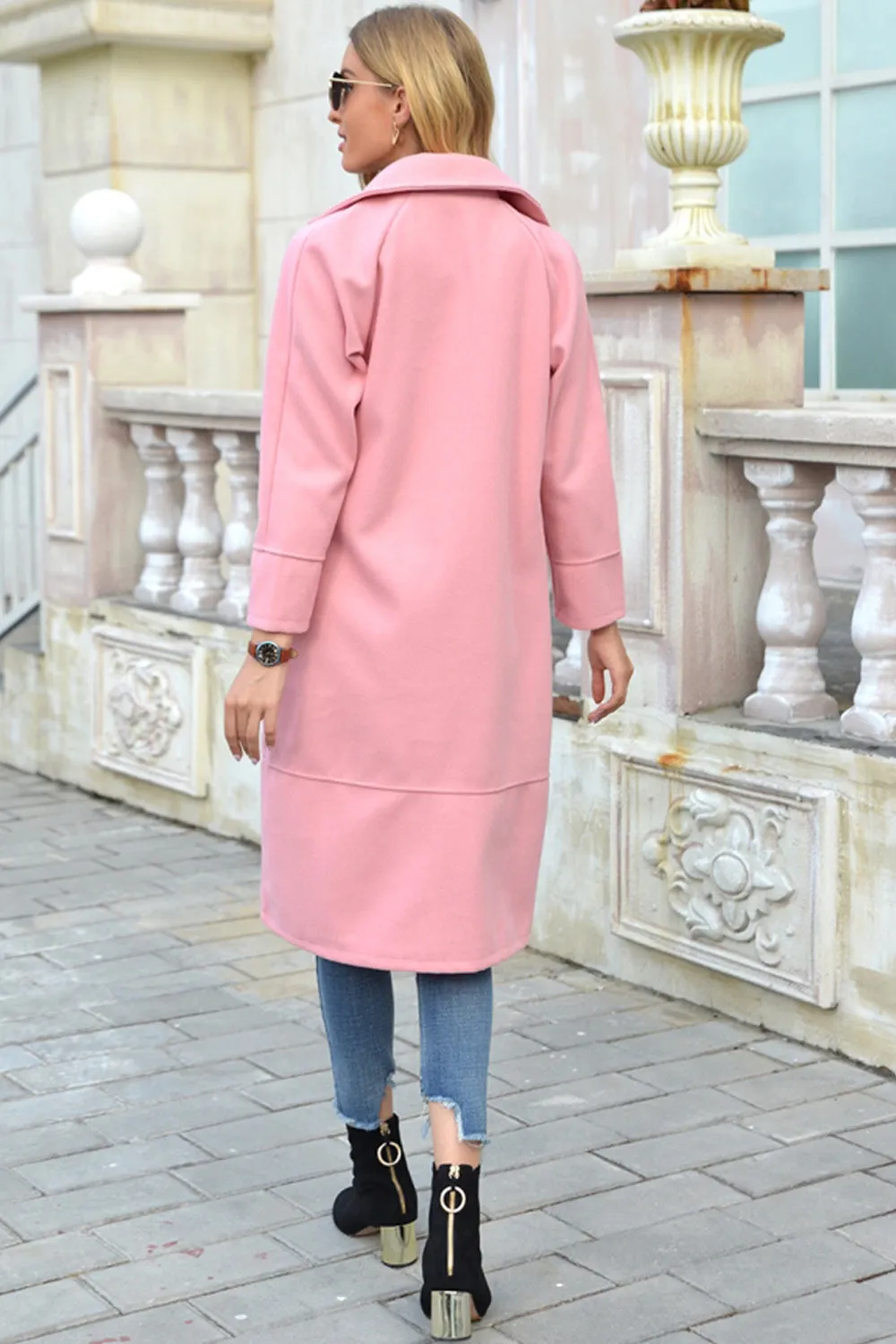 Solid Color Turn-Down Collar Long Woolen Coat