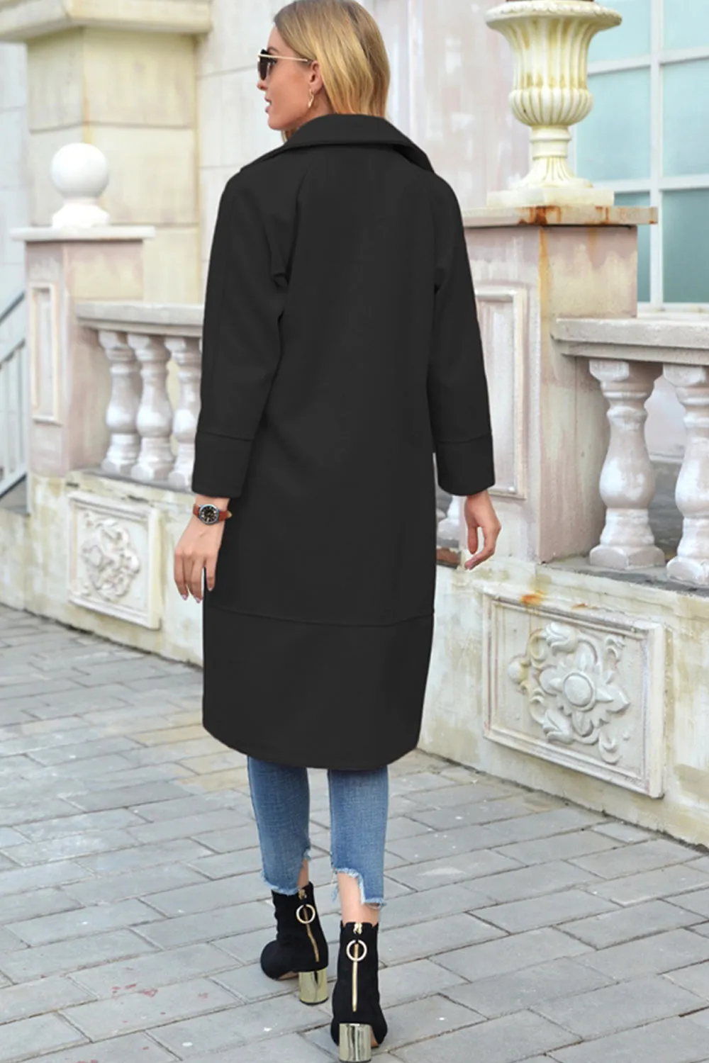 Solid Color Turn-Down Collar Long Woolen Coat