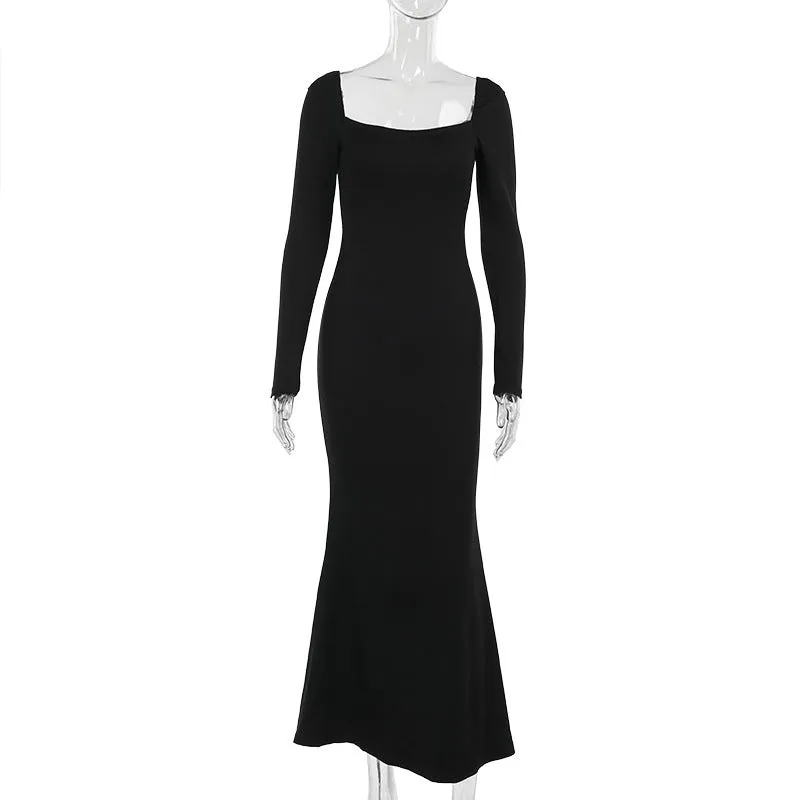 Square Collar Slimming Elegant Black Dress Women Autumn Sexy Dress