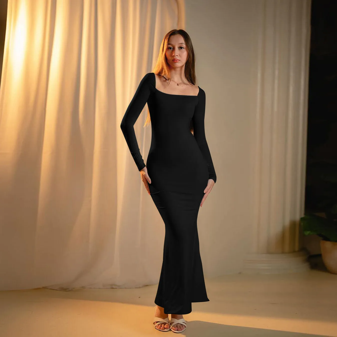 Square Collar Slimming Elegant Black Dress Women Autumn Sexy Dress