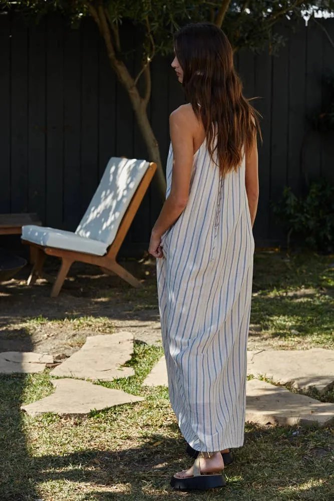 Striped Back Neck Strap V-Neck Sleeveless Maxi