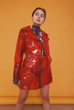 Stylish TPU suit: cropped jacket and the skirt. Transparent vinyl unique clothes. Party clothing.