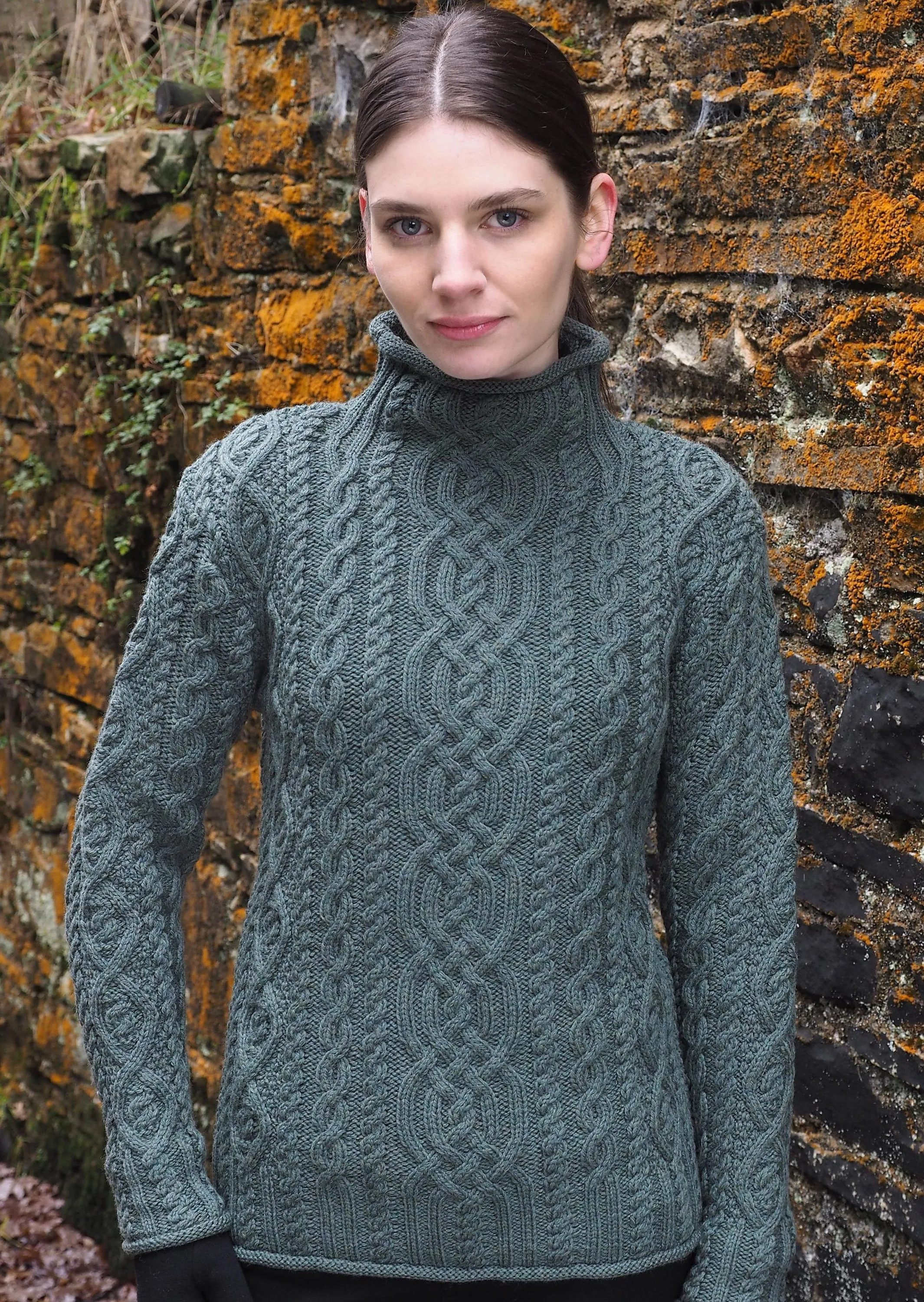 Super Soft Funnel Neck Aran Sweater | Green