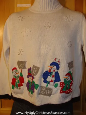 Tacky Cheap Ugly Christmas Sweater "Let It Snow" Snowmen with Carrot Noses (f596)