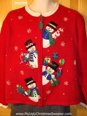 Tacky Cheap Ugly Christmas Sweater with Bead Bling and Juggling Snowmen (f609)