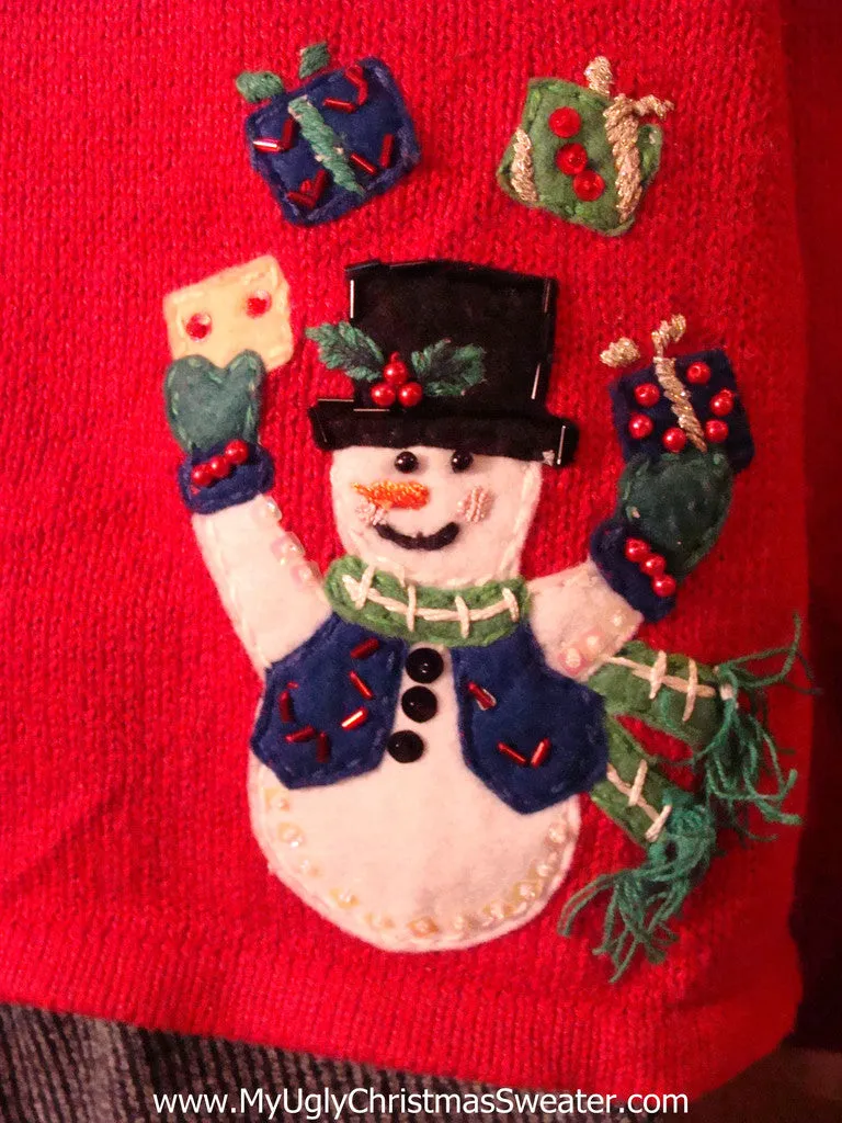 Tacky Cheap Ugly Christmas Sweater with Bead Bling and Juggling Snowmen (f609)