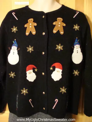 Tacky Cheap Ugly Christmas Sweater with Gingerbread Men, Candy Canes, Santa, and Snowmen (f651)