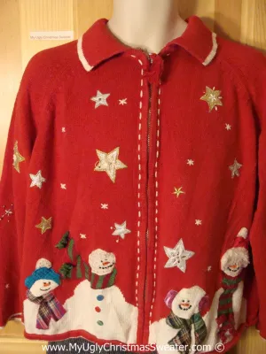 Tacky Christmas Sweater Party Ugly Red Sweater with Four Giant Carrot Nosed Snowmen and Stars (f882)