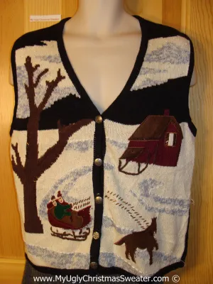 Tacky Christmas Sweater Party Ugly Sweater Vest with Horse Drawn Sleigh in a Winter Wonderland   (f848)