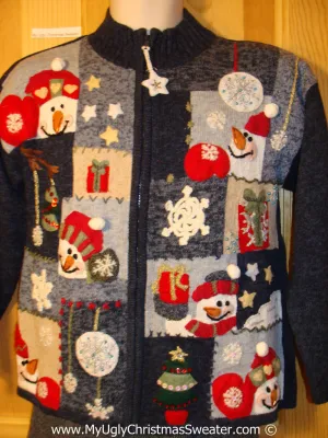 Tacky Patchwork Themed Ugly Christmas Sweater with Snowmen, Snowflakes, and Dangling Snowflake Zipper Pull (f796)