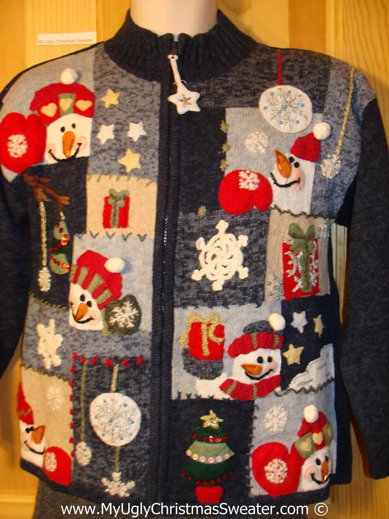 Tacky Patchwork Themed Ugly Christmas Sweater with Snowmen, Snowflakes, and Dangling Snowflake Zipper Pull (f796)