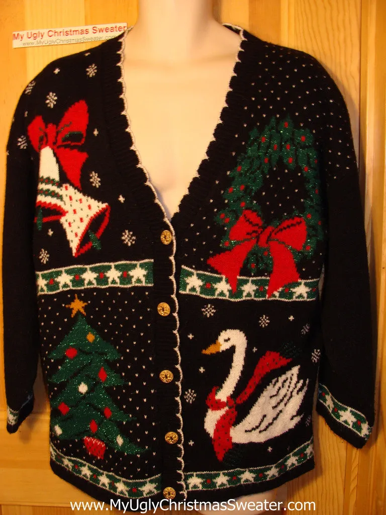 Tacky Ugly Christmas Cardigan Sweater 80s Acrylic Gem with Bells, Duck, Wreath, and Tree(f67)