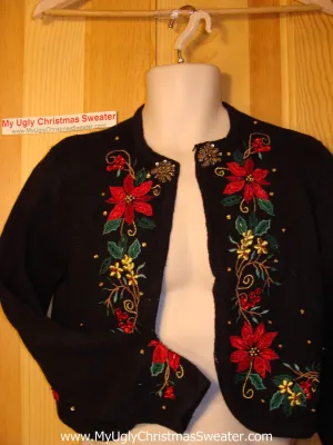 Tacky Ugly Christmas Sweater Bolero-style Jacket with Poinsettias & Bling  (f142)